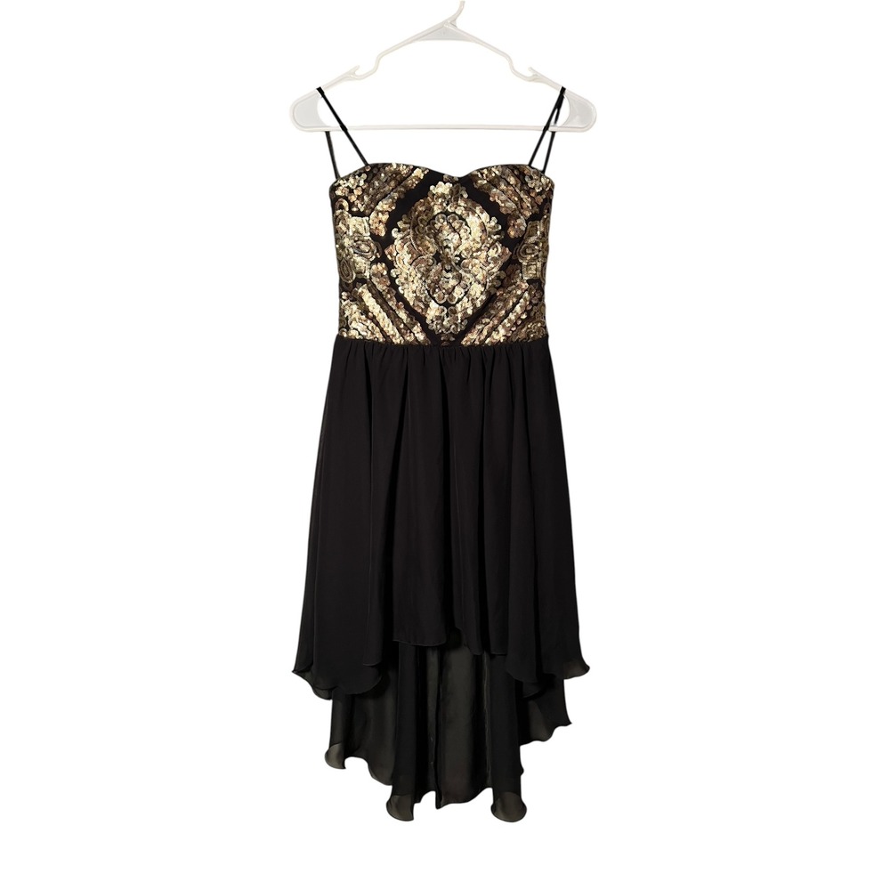 As U Wish Women's Juniors Size Small Strapless High Low Dress Black Gold Sequins